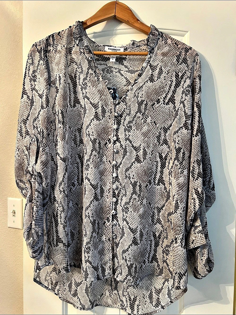 Express Portofino Ruffle Stand Collar Snake Print Blouse Snake Print Blouse in